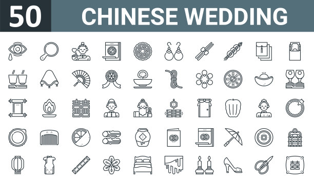 套50轮廓网中国婚礼图标，如哭泣，手镜，媒婆，日历，嫁妆，耳环，筷子矢量薄图标报告，演示，图表，网页设计，移动应用程序。图片下载