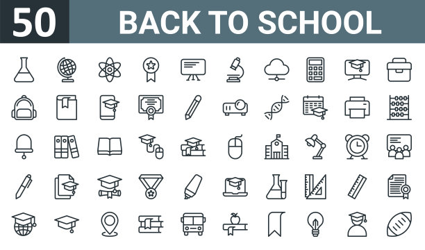 一套50个大纲网页回到学校图标，如实验室，全球网格，科学，奖励，白板，显微镜，云矢量薄图标的报告，演示，图表，网页设计，移动应用程序。图片下载