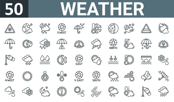 一套50轮廓网络天气图标，如，月亮，云，西方，伞，温度计，月亮矢量薄图标的报告，演示，图表，网页设计，移动应用程序。图片下载
