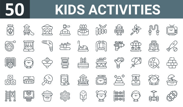 集50大纲网页儿童活动图标，如昆虫，游乐场，马戏团帐篷，鼹鼠游戏，蜡笔，木琴，机器人矢量瘦图标的报告，演示，图表，网页设计，移动应用程序。图片下载