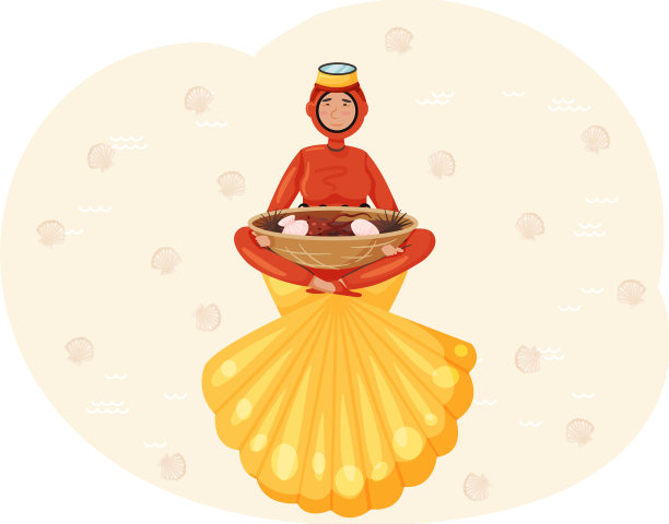 被贝壳包围的济州岛潜水员。身穿潜水服的女子手持海鲜，这是一道国菜图片下载