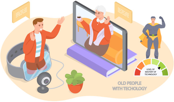老人玩电子游戏。拥有不同小工具的老年人。年长的计算机教育图片下载