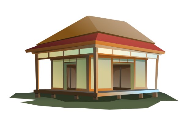 日本传统房屋。茅草屋顶的乡村住宅。说明向量。图片下载