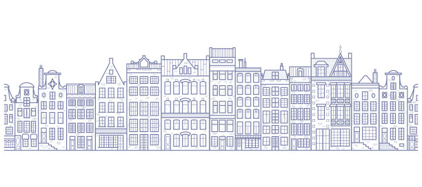 欧洲住宅无缝边界。阿姆斯特丹的建筑物排成一排。轮廓风格的城市街道。老式的建筑景观。向量全景图片下载