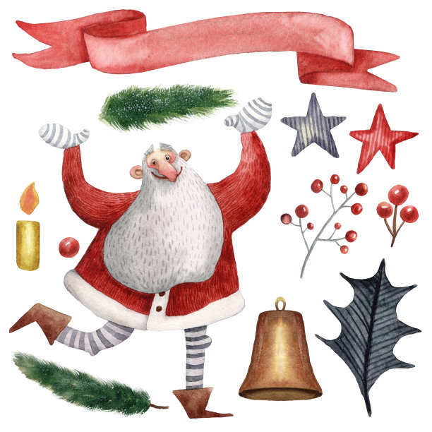 水彩手绘圣诞贺卡。可爱的奔跑的圣诞老人。很多礼物。新年好插图。圣诞有趣的装扮人物。节日的传统项目。赛季的画面。红色的帽子。图片下载