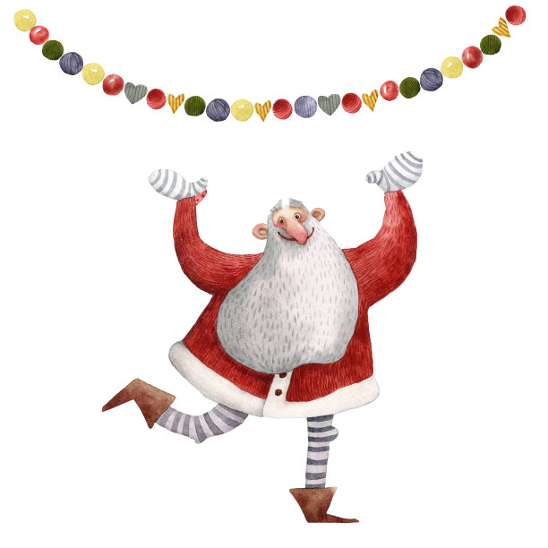 水彩手绘圣诞贺卡。可爱的奔跑的圣诞老人。很多礼物。新年好插图。圣诞有趣的装扮人物。节日的传统项目。赛季的画面。红色的帽子。图片下载