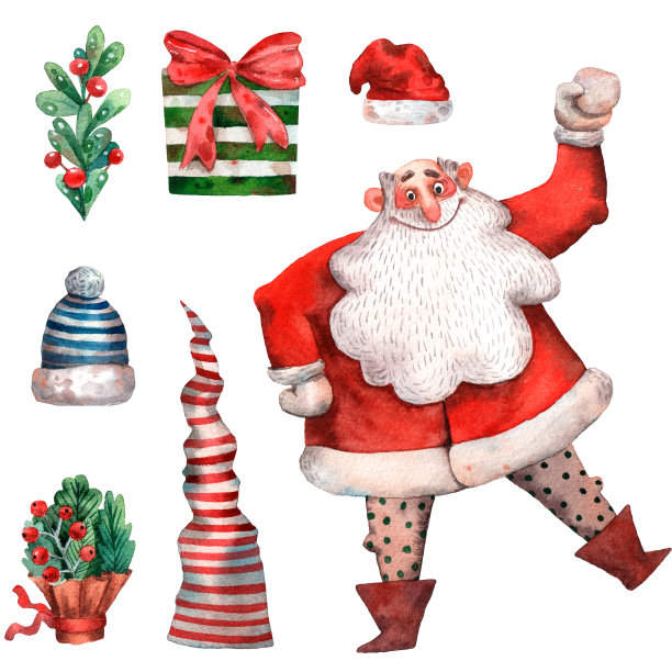 水彩手绘圣诞贺卡。可爱的奔跑的圣诞老人。很多礼物。新年好插图。圣诞有趣的装扮人物。节日的传统项目。赛季的画面。红色的帽子。图片下载