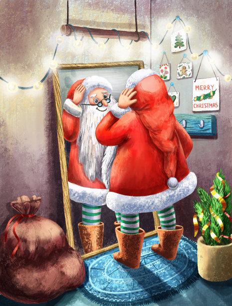 水彩手绘圣诞贺卡。可爱的站着的圣诞老人。很多礼物。新年好插图。圣诞有趣的装扮人物。节日的传统项目。赛季的画面。红色的帽子。图片下载