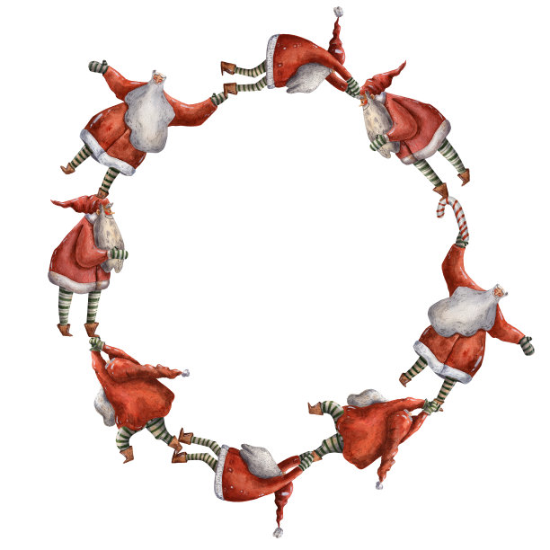 水彩手绘圣诞画框。可爱的圣诞老人。圆形的边界。新年好插图。圣诞有趣的装扮人物。节日传统的花环。赛季的画面。红色的帽子。圆旗帜。图片下载