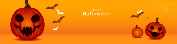 3D插图的万圣节主题横幅与一组杰克O灯笼南瓜和蝙蝠纸图形风格的背景。图片下载