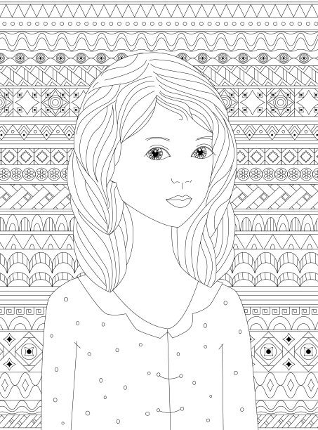 可爱的女孩波浪头发反对几何图案为您的涂色书图片下载