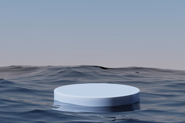 蓝色圆讲台在海水与天空的对比，3d渲染图片下载