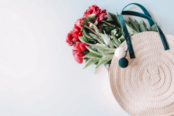 粉红色的牡丹花装在白色背景的吊袋里图片下载