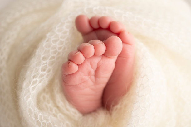 新生儿的小脚。白色羊毛毯里新生儿柔软的脚。一个新生儿的脚趾，脚跟和脚的特写。微距摄影工作室。女人的幸福。图片下载