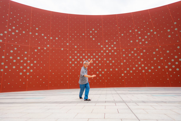 红墙的背景下，一位老人正在打太极图片下载