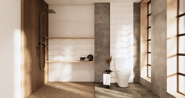 浴室上的浴室和厕所日本侘寂风格。3d渲染图片下载