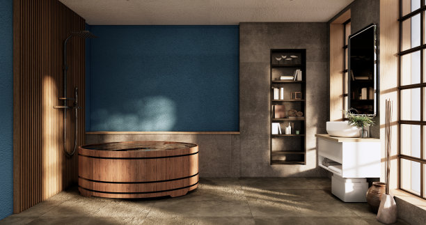 浴室上的浴室和厕所日本侘寂风格。3d渲染图片下载