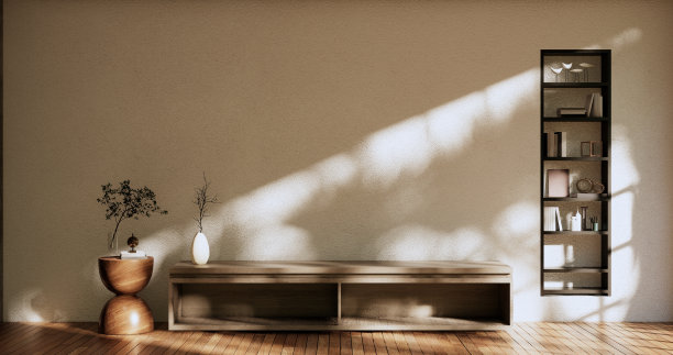 空木柜上的木质房间具有热带风格。三维渲染图片下载