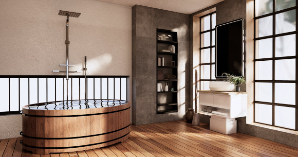 浴室上的浴室和厕所日本侘寂风格。3d渲染图片下载