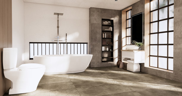 浴室上的浴室和厕所日本侘寂风格。3d渲染图片下载