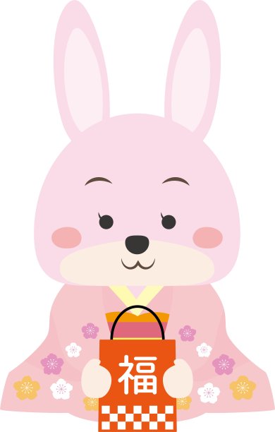 兔子女孩穿着快乐和服，拿着幸运包/插图材料(矢量插图)图片下载