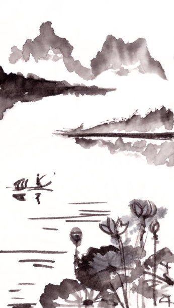 山湖山水，舟倒影，中国水墨画在宣纸上。图片下载