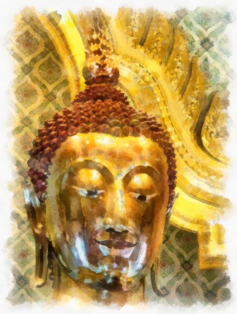 曼谷古代金佛像水彩画风插画印象派画作。图片下载