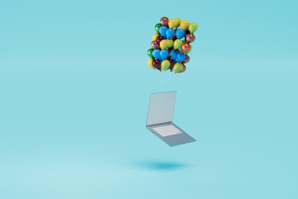 一台笔记本电脑在彩色气球上飞走了。复制粘贴，复制空格。三维渲染图片下载