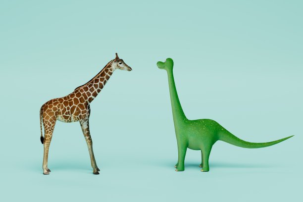 一只长颈鹿和一只绿色恐龙在蓝色背景下对视着。三维渲染图片下载