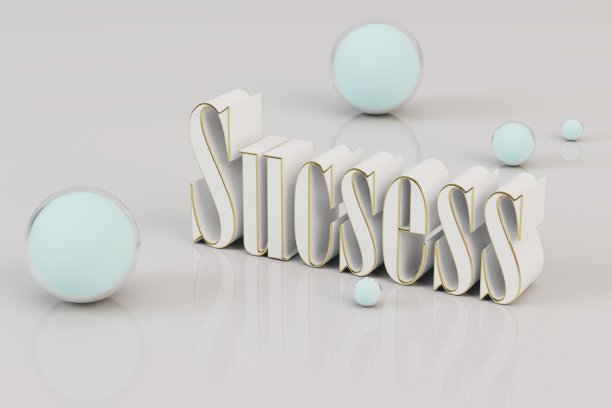 抽象的粉彩背景，白色的球体分散在上面，上面写着“成功”。三维渲染图片下载
