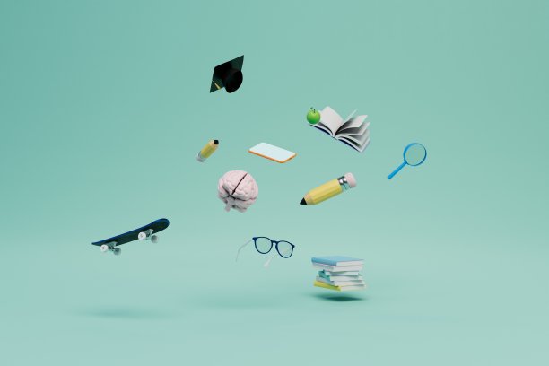 教育的概念。大脑，耳机，眼镜，书，主人的帽子，在蓝色背景上滑冰。三维渲染图片下载