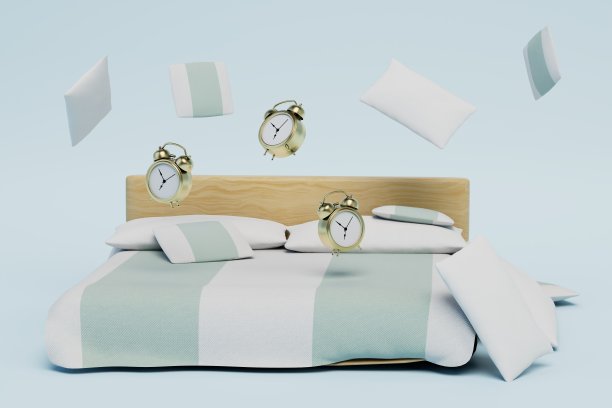 早安的概念。闹钟在床上，枕头在白色的背景上飞舞。三维渲染图片下载