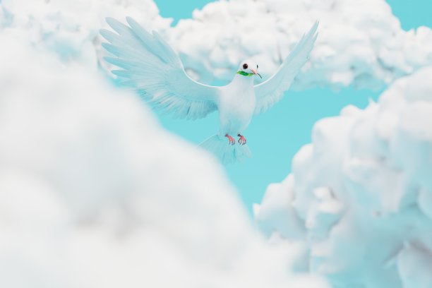 一只和平鸽在云层间蓝色的背景上飞翔。三维渲染图片下载