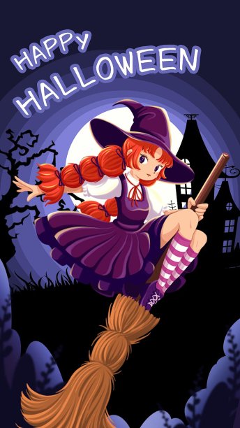 万圣节红发女孩魔女魔法插画手机壁纸封面图片下载
