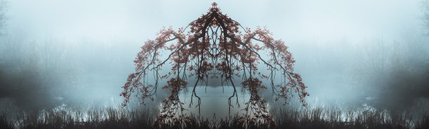 雾中的陌生森林。仙女神秘的森林。神秘的气氛。超自然的另一个世界。黑暗恐怖的公园，红色的树叶。背景墙纸。可怕的梦。图片下载