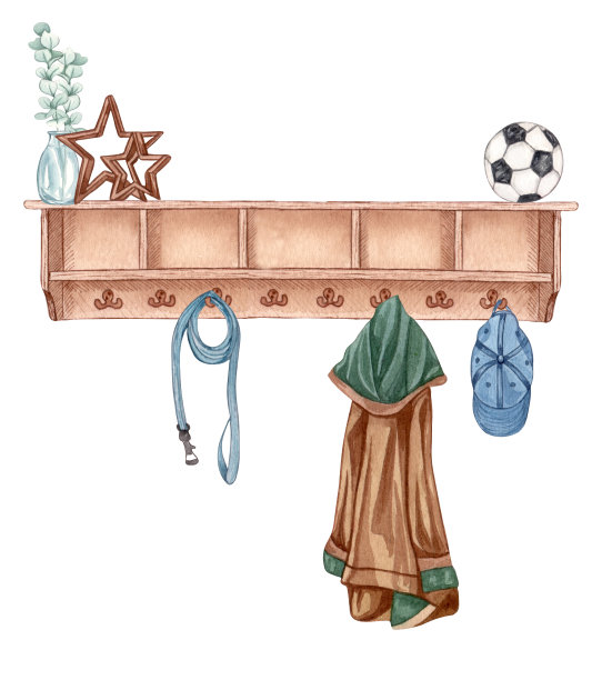 水彩画风格的入口大厅内部和家庭装饰。家庭打印。服装的整理和存放图片下载