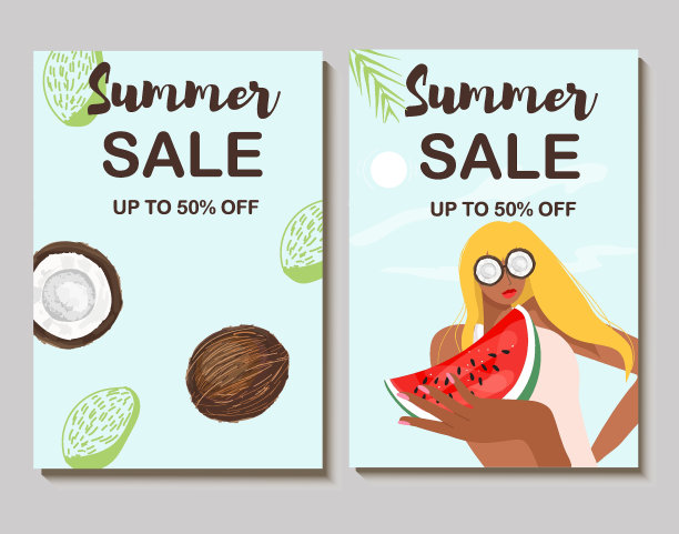 彩色矢量夏季促销布局海报，横幅，背景，假期情绪，卡片，邀请，夏天的氛围，标签，促销，女孩吃一片西瓜，椰子。图片下载