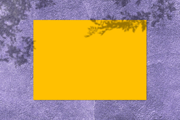 空黄色方形海报模型与紫色混凝土墙背景上的光影。图片下载