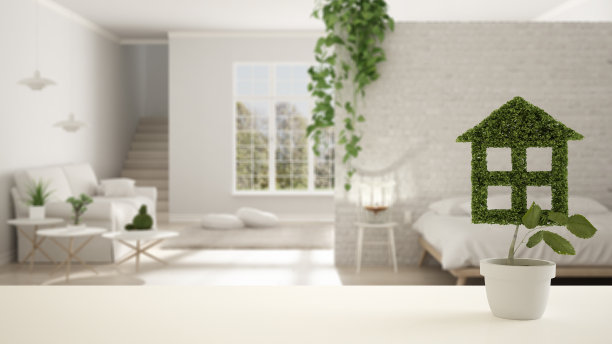 白色的桌面或架子，盆栽状的绿色植物，现代迷离的卧室背景，室内设计，房地产，生态建筑的概念理念图片下载