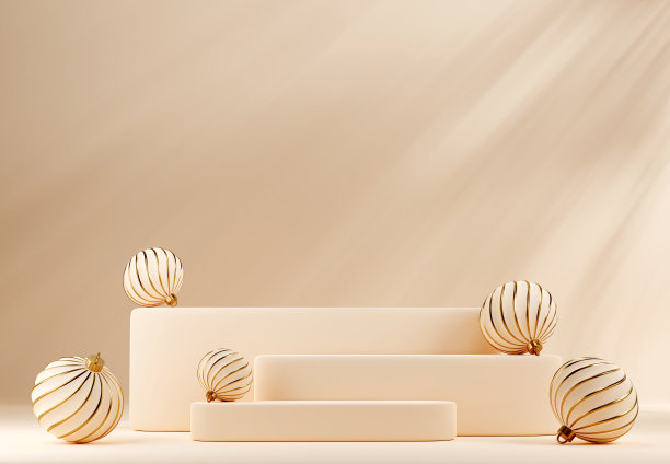 3D抽象圣诞灯背景与米色圣诞饰品素材图片