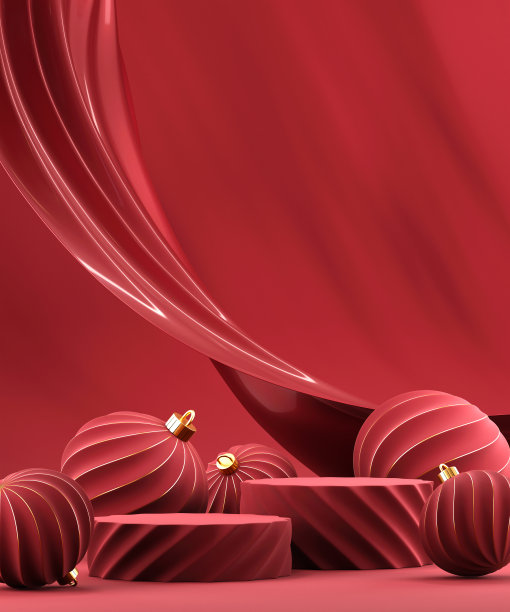 3D抽象圣诞黑色背景与红色圣诞饰品图片下载