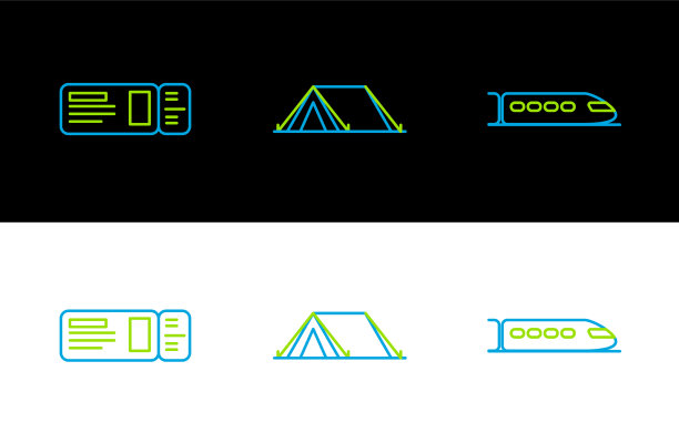 设置线路列车旅游门票和旅游帐篷图标图片下载