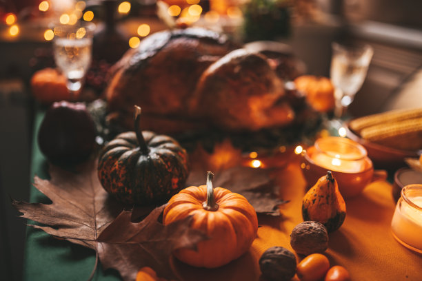 感恩节餐桌上的秋季装饰和南瓜图片下载