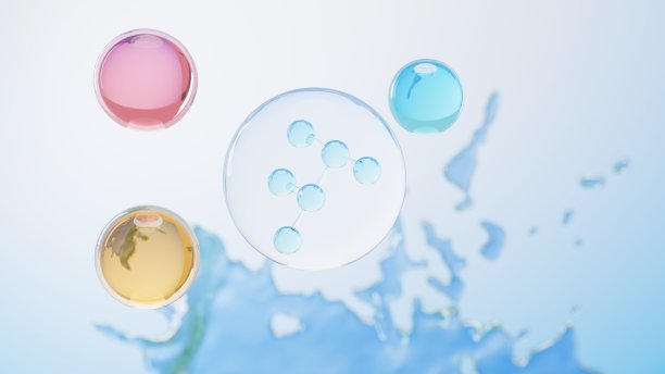 单侧细胞或分子中简单化学键的三维渲染。原子、离子、键和分子的结合。液滴气泡背景。共价键。生物化学的相互作用。图片下载