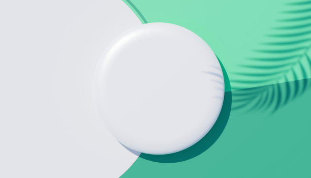 白色空白圆柱形框架的3d渲染顶视图，用于模拟和展示棕榈叶、大地色调和紫色墙壁背景的阴影产品。创意概念。寡妇的影子。图片下载