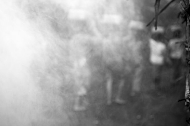 巴厘岛妇女头上顶着篮子，在一个雾蒙蒙的早晨走在村里。图片下载