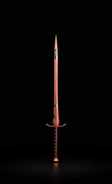 损坏的橘色剑。骑士剑在黑色背景，3d渲染图片下载