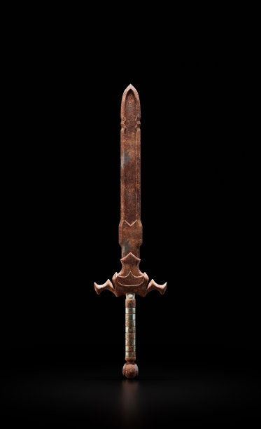 一把非常古老且锈迹斑斑的骑士剑。古代的战争武器。生锈的剑在黑色背景。三维渲染图片下载