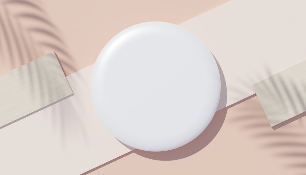 3d渲染顶部视图的白色空白圆柱形框架模拟和展示产品的棕榈叶的阴影，地球色调，或柔和的墙背景。创意概念。寡妇的影子。图片下载