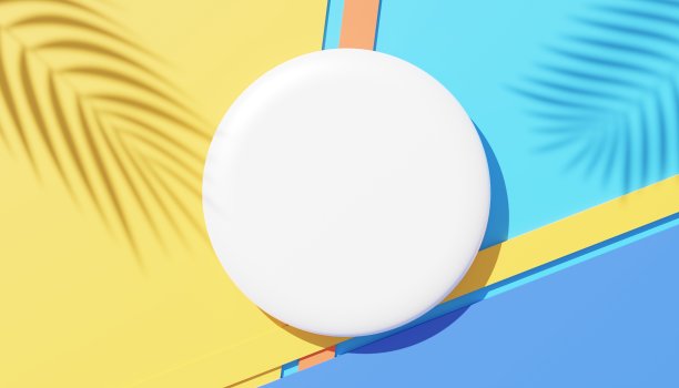 白色空白圆柱形框架的3d渲染顶视图，用于模拟和展示棕榈叶、大地色调和紫色墙壁背景的阴影产品。创意概念。寡妇的影子。图片下载